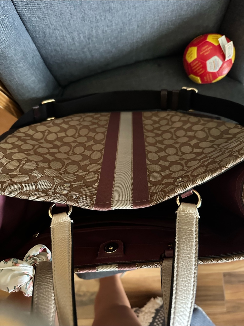 Coach Beige Canvas Tote with Burgundy Stripe and Brown Trim - Picture 6 of 9